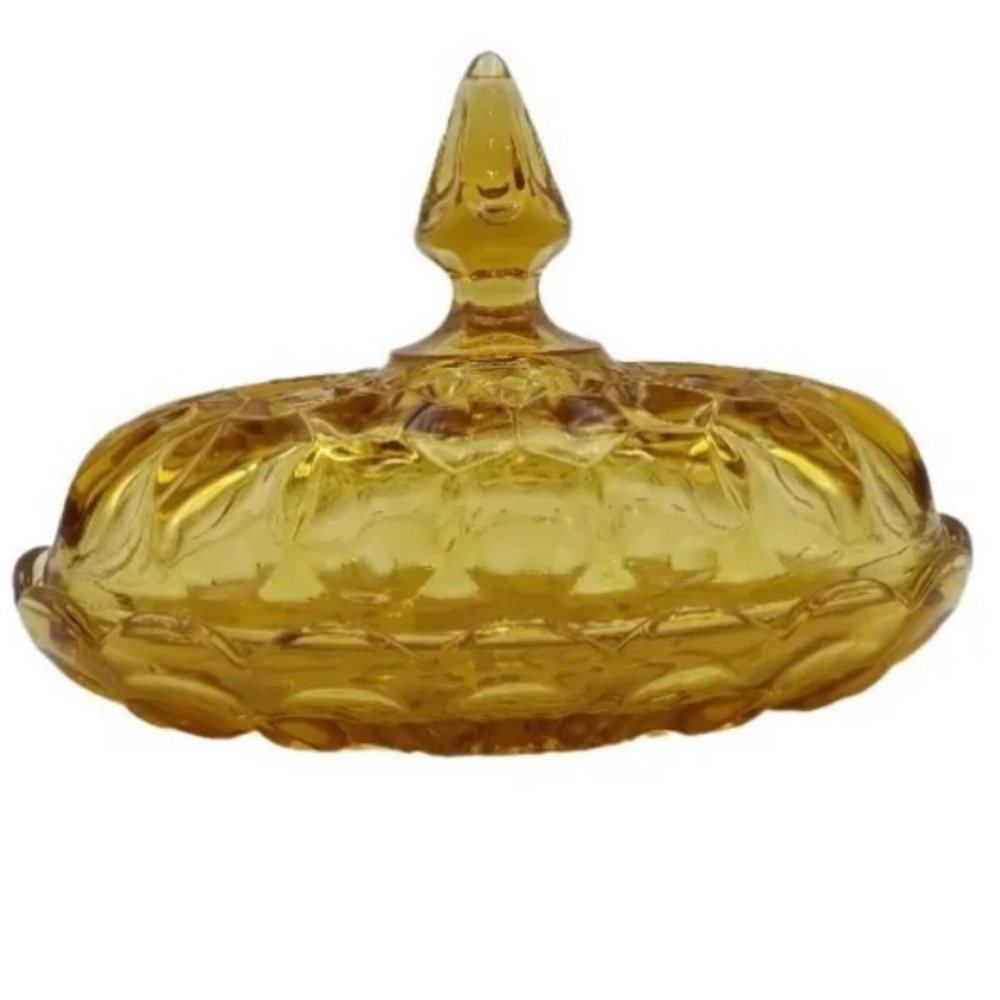 Anchor Hockings: Mid Century “Fairfield” Amber Glass Oval Covered Butter Dish